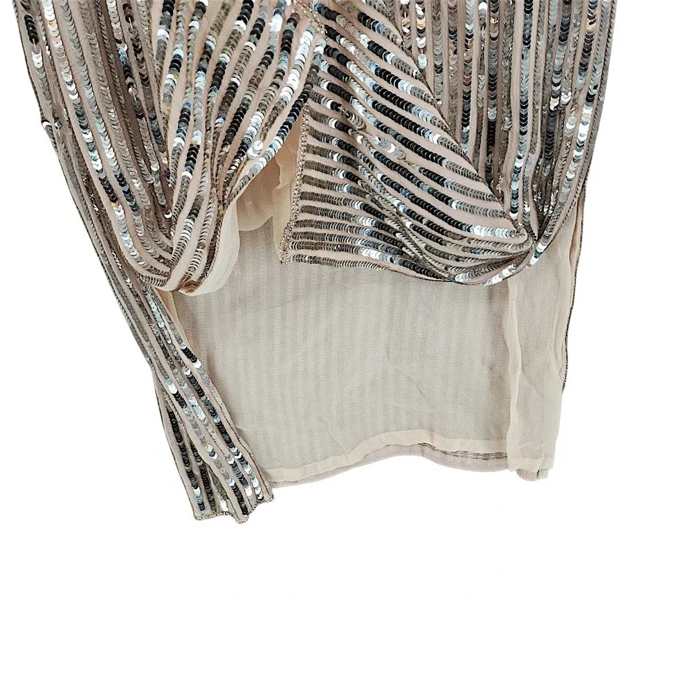 Judith Ann Creations Dress XS Women Silver Sequin Silk Long Sleeve Midi Vtg READ